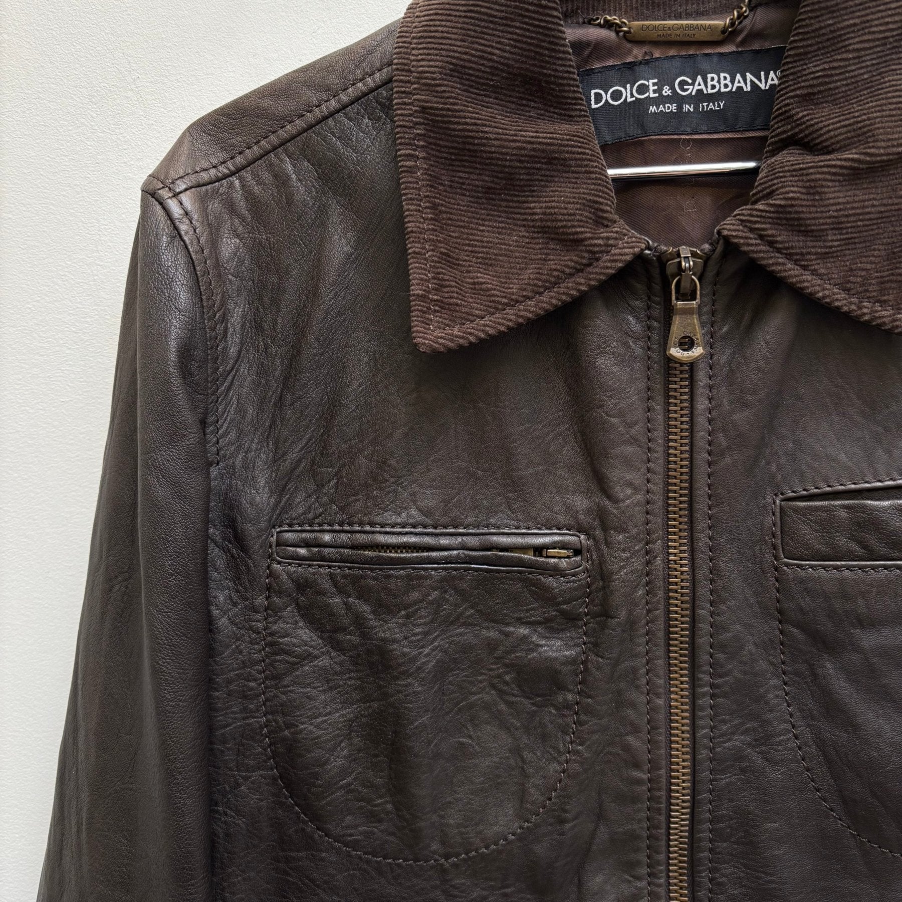 00s Dolce & Gabbana Corduroy Collar Lambskin Leather Jacket - Image 3