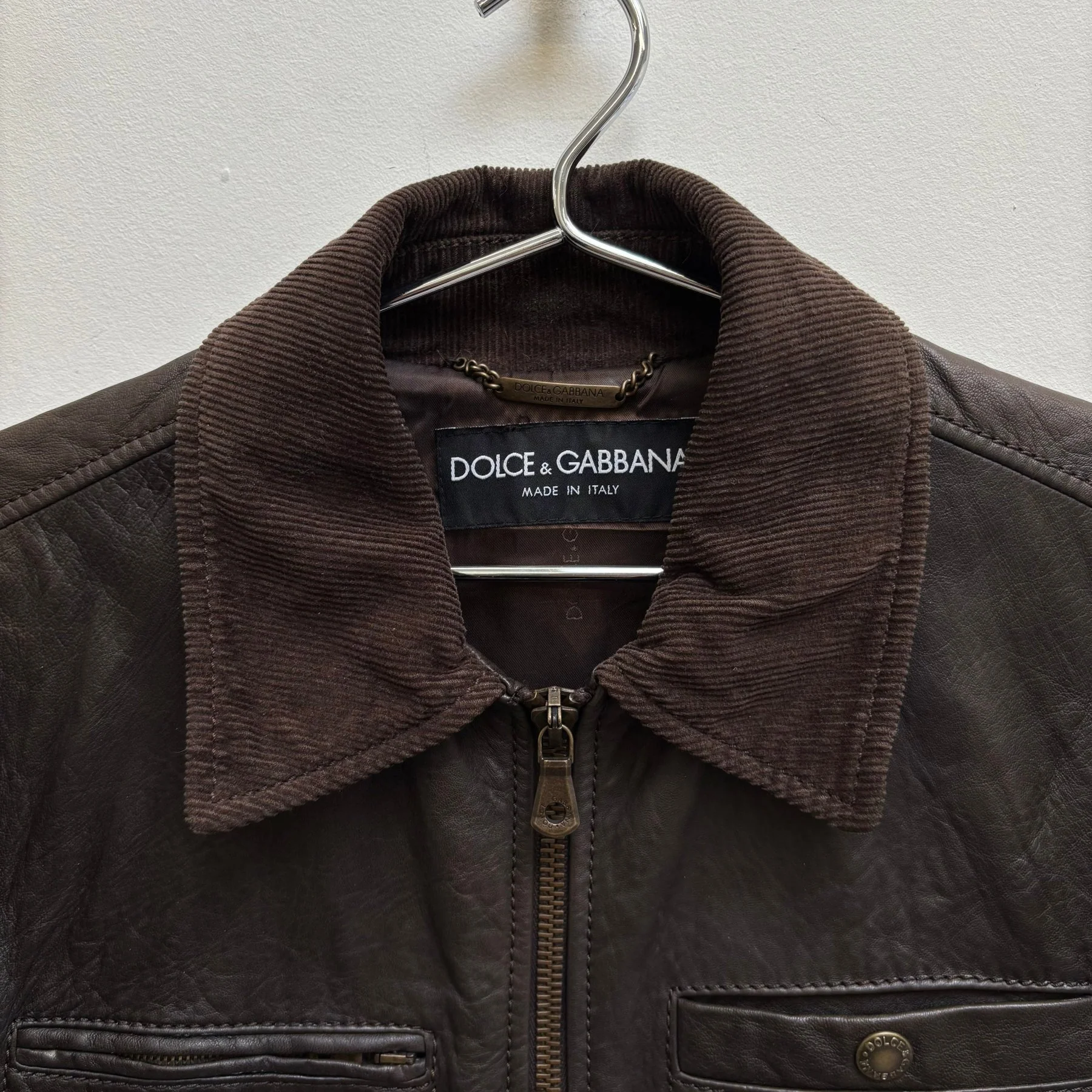 00s Dolce & Gabbana Corduroy Collar Lambskin Leather Jacket - Image 4