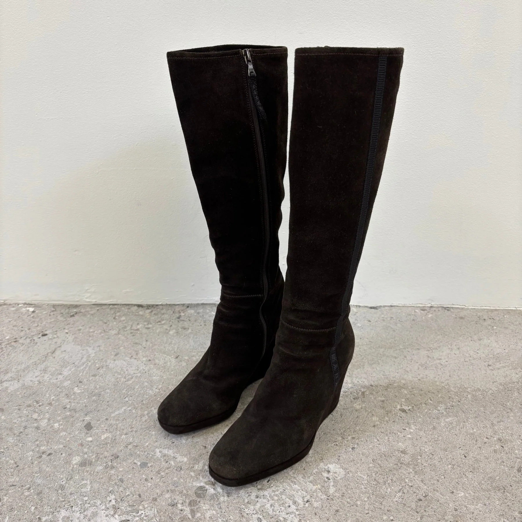 00s Prada Suede Knee High Wedge Boots - Image 2