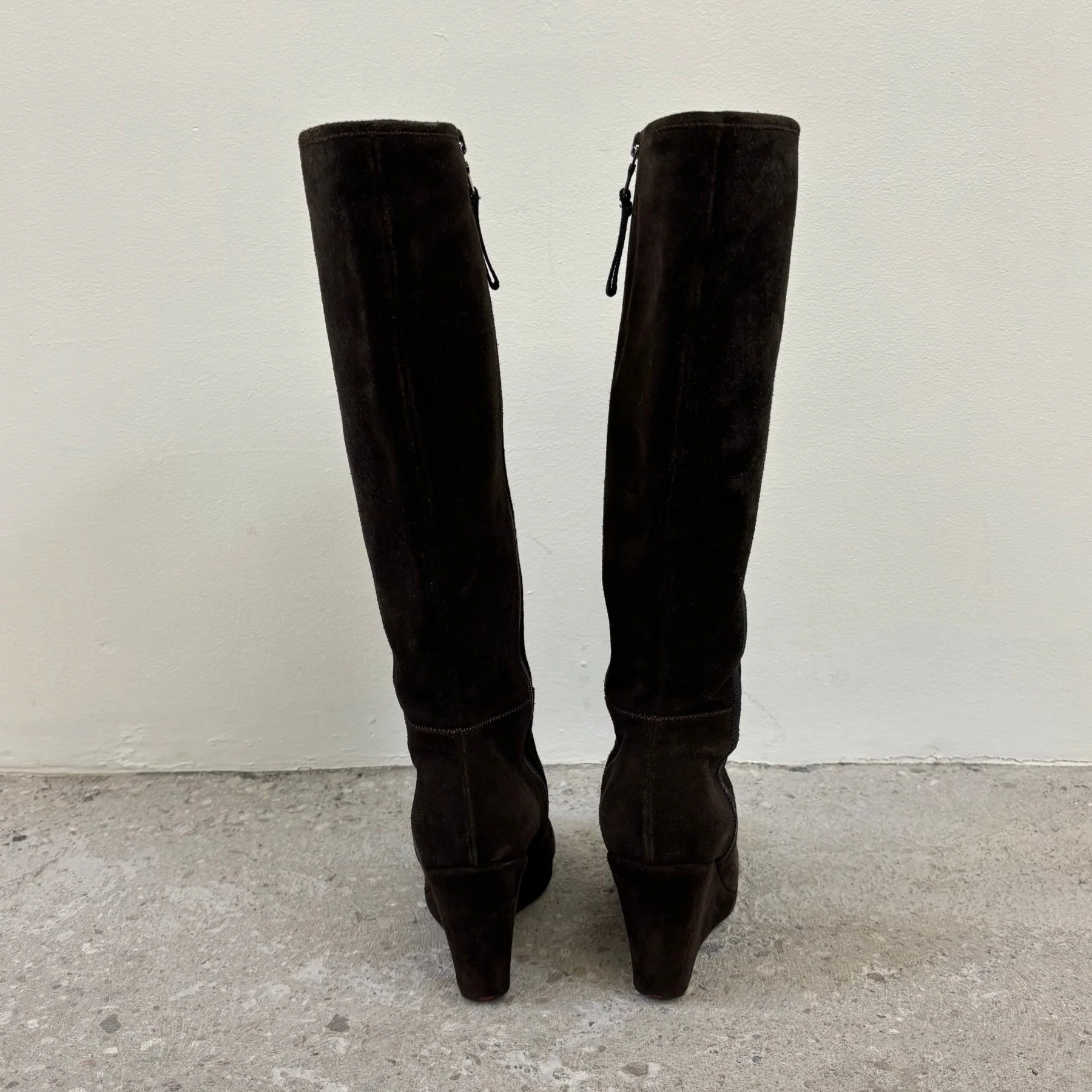 00s Prada Suede Knee High Wedge Boots - Image 4