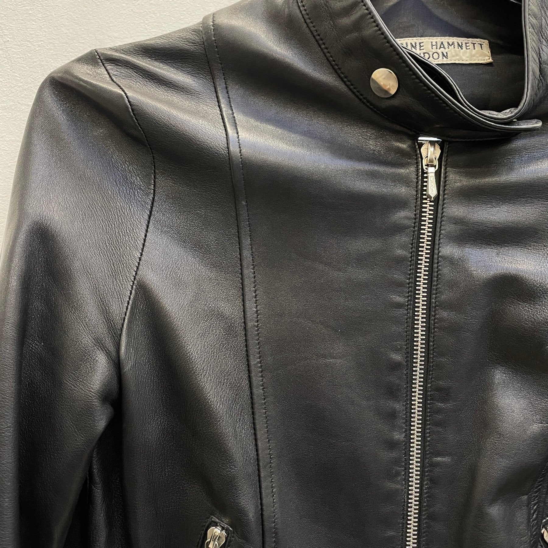 90s Katherine Hammett Leather Cafe Racer Jacket - Image 4