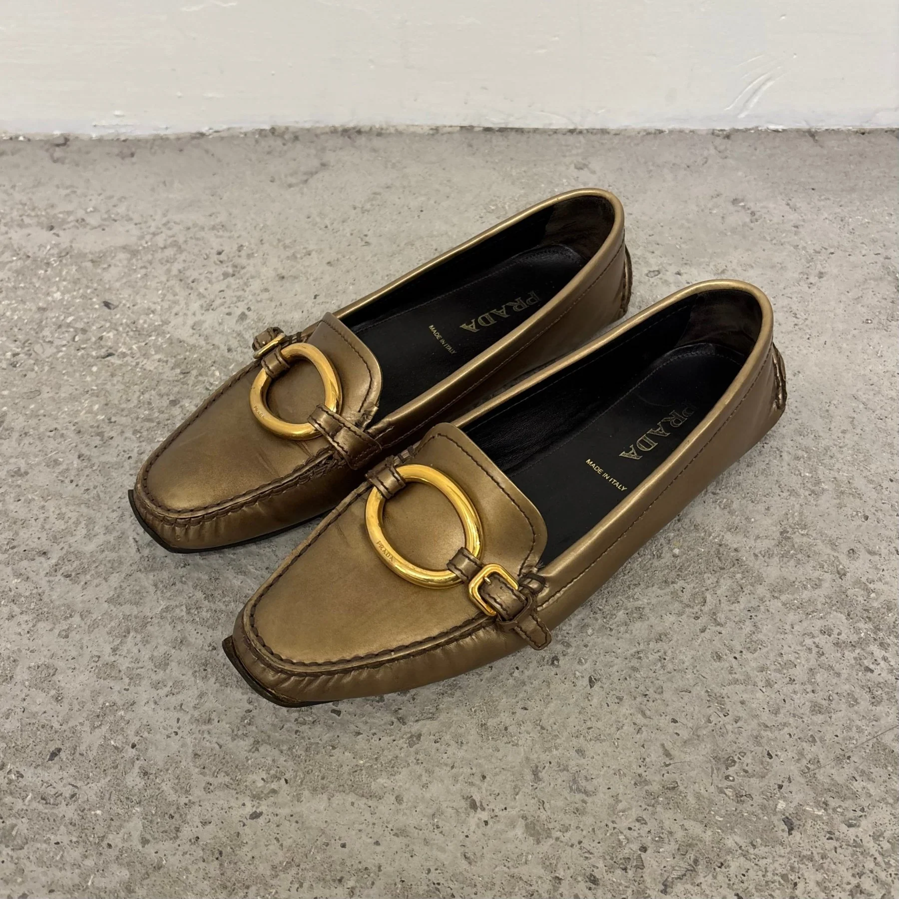 90s Prada Gold Ring Loafers - Image 2