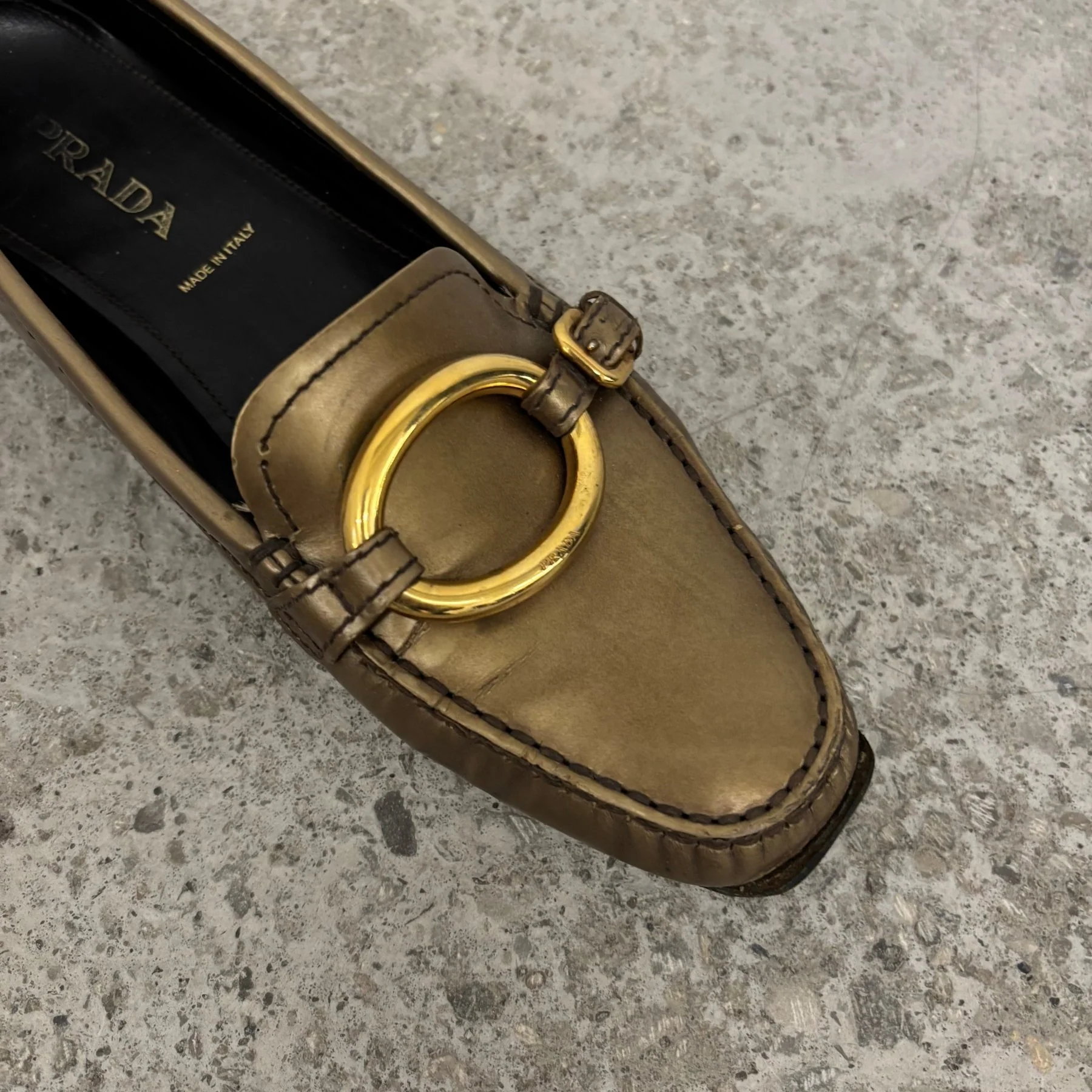 90s Prada Gold Ring Loafers - Image 5