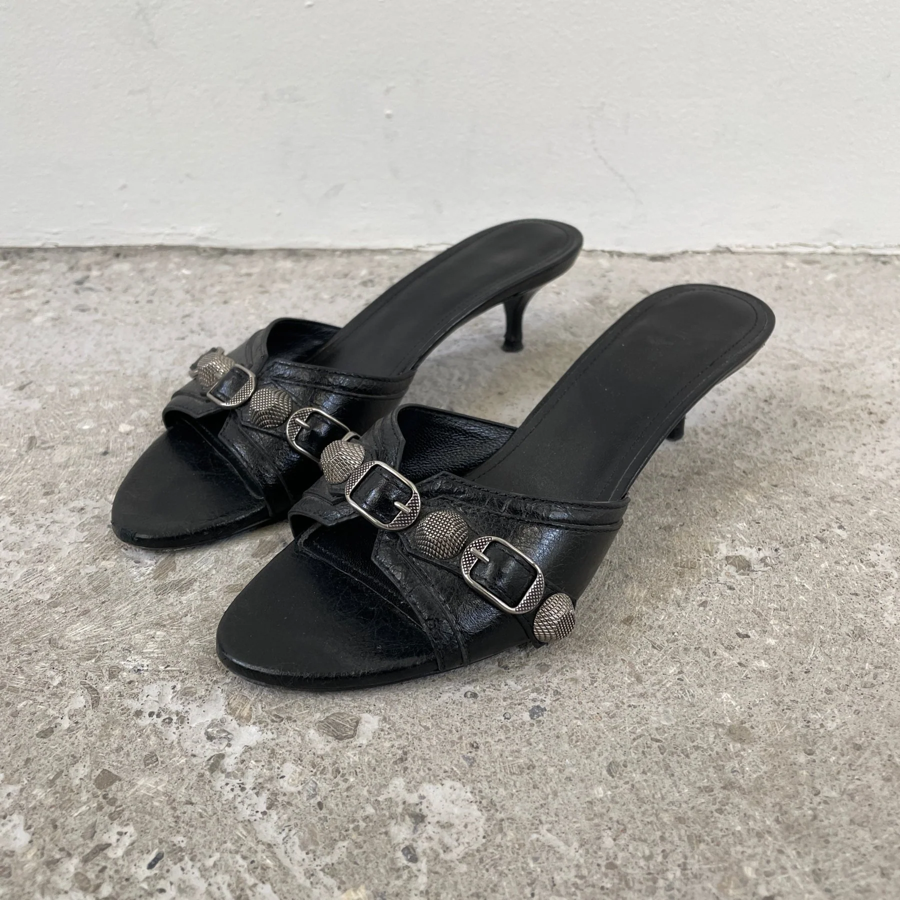 Balenciaga Cagole Black Leather Open Toe Kitten Heels - Image 2