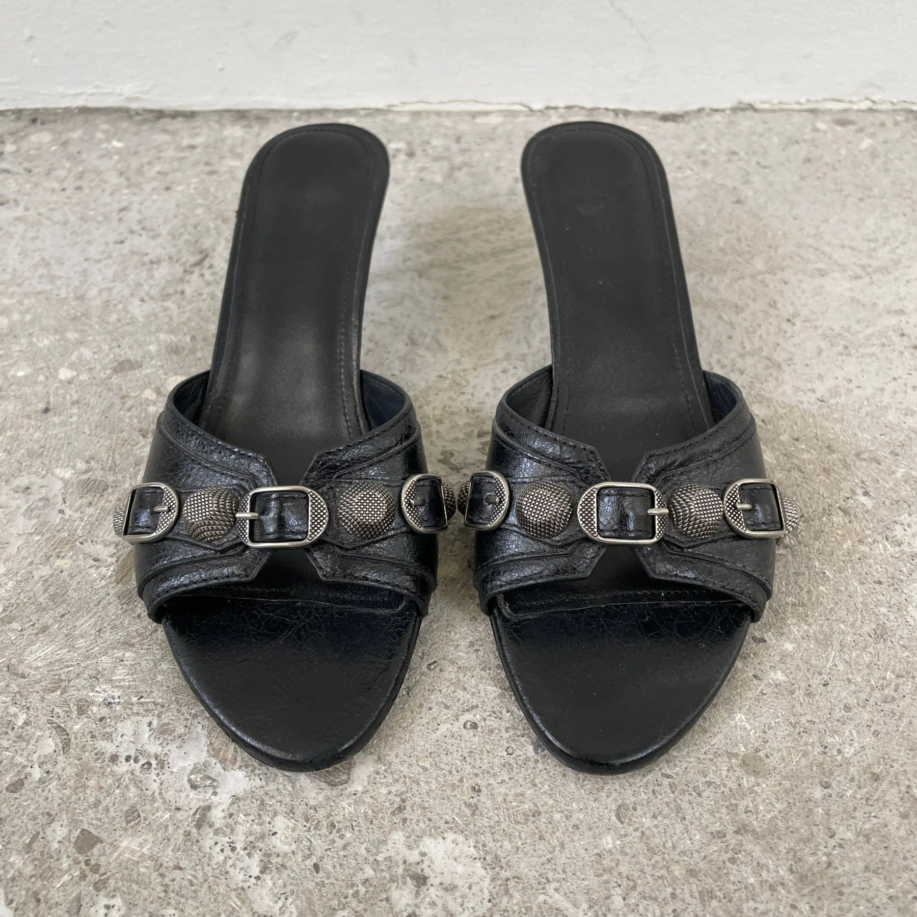 Balenciaga Cagole Black Leather Open Toe Kitten Heels - Image 3