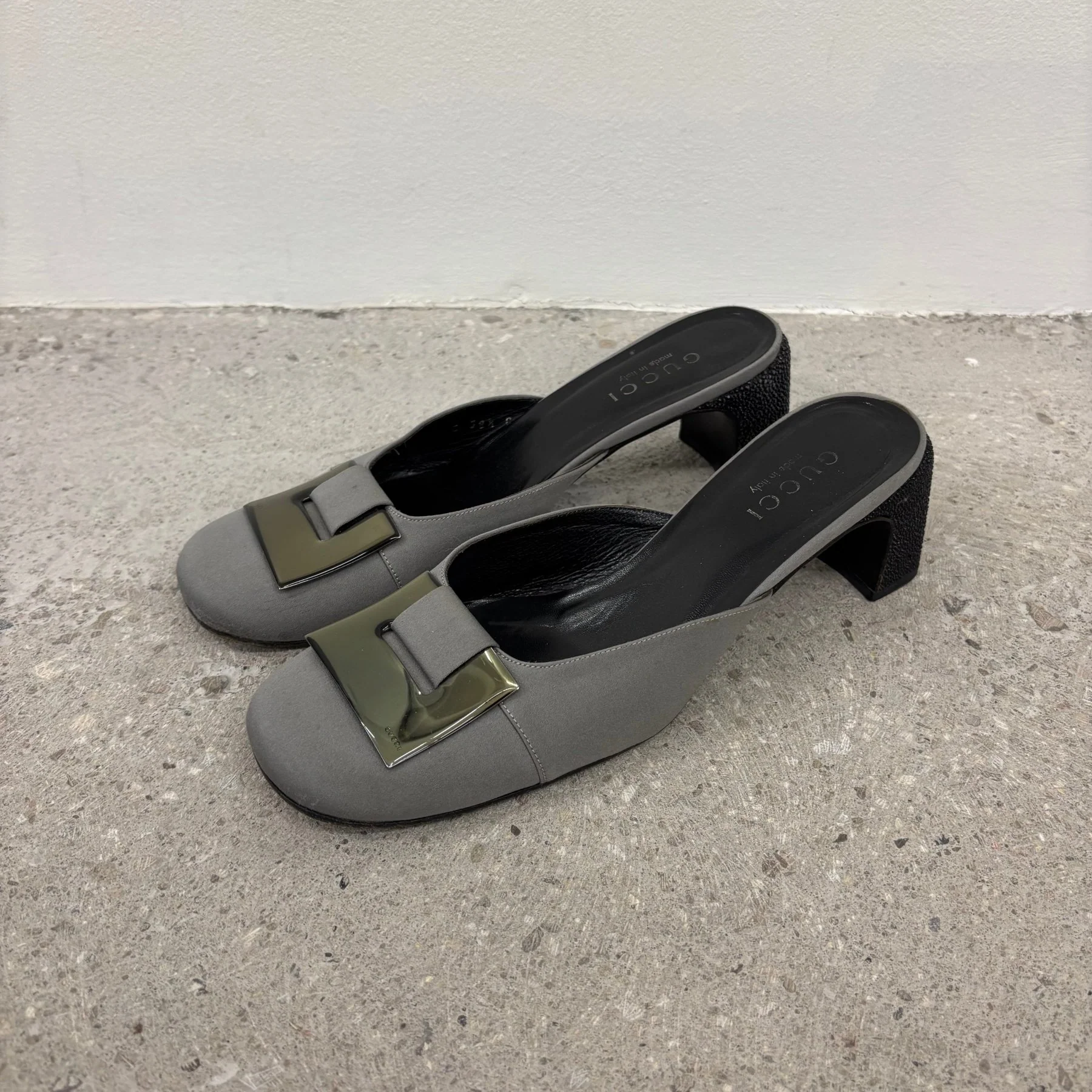 Gucci Silver Buckle Mule Heels - Image 2