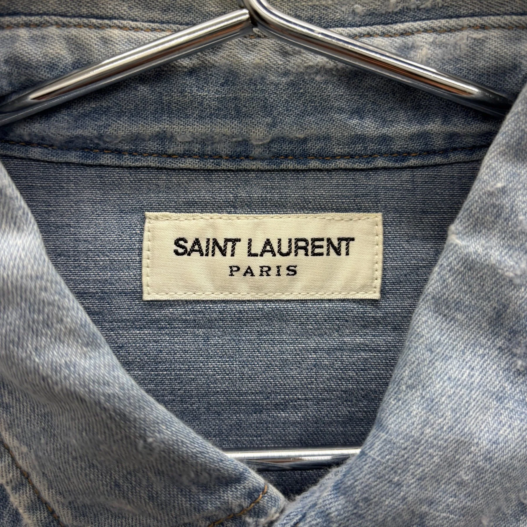 SS19 Yves Saint Laurent Paris Heavy Distressed Denim Shirt - Image 12