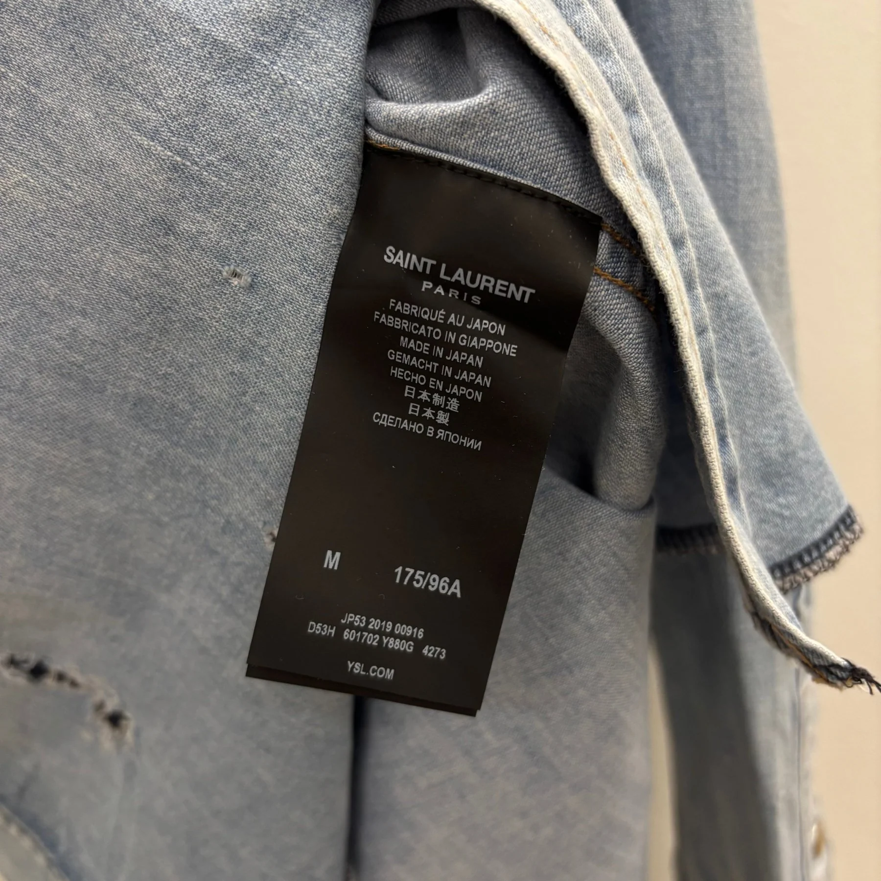 SS19 Yves Saint Laurent Paris Heavy Distressed Denim Shirt - Image 13