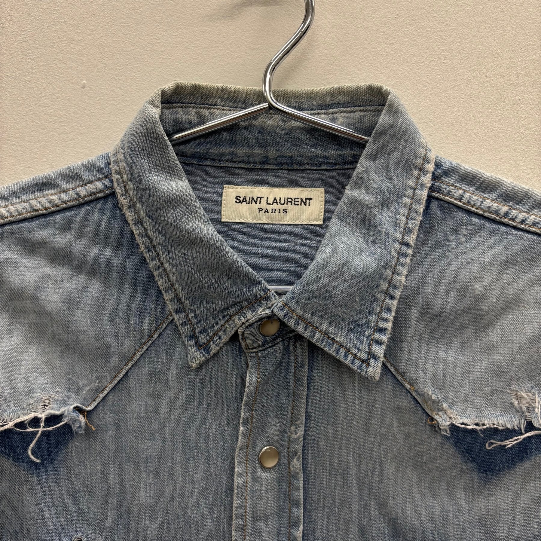 SS19 Yves Saint Laurent Paris Heavy Distressed Denim Shirt - Image 3