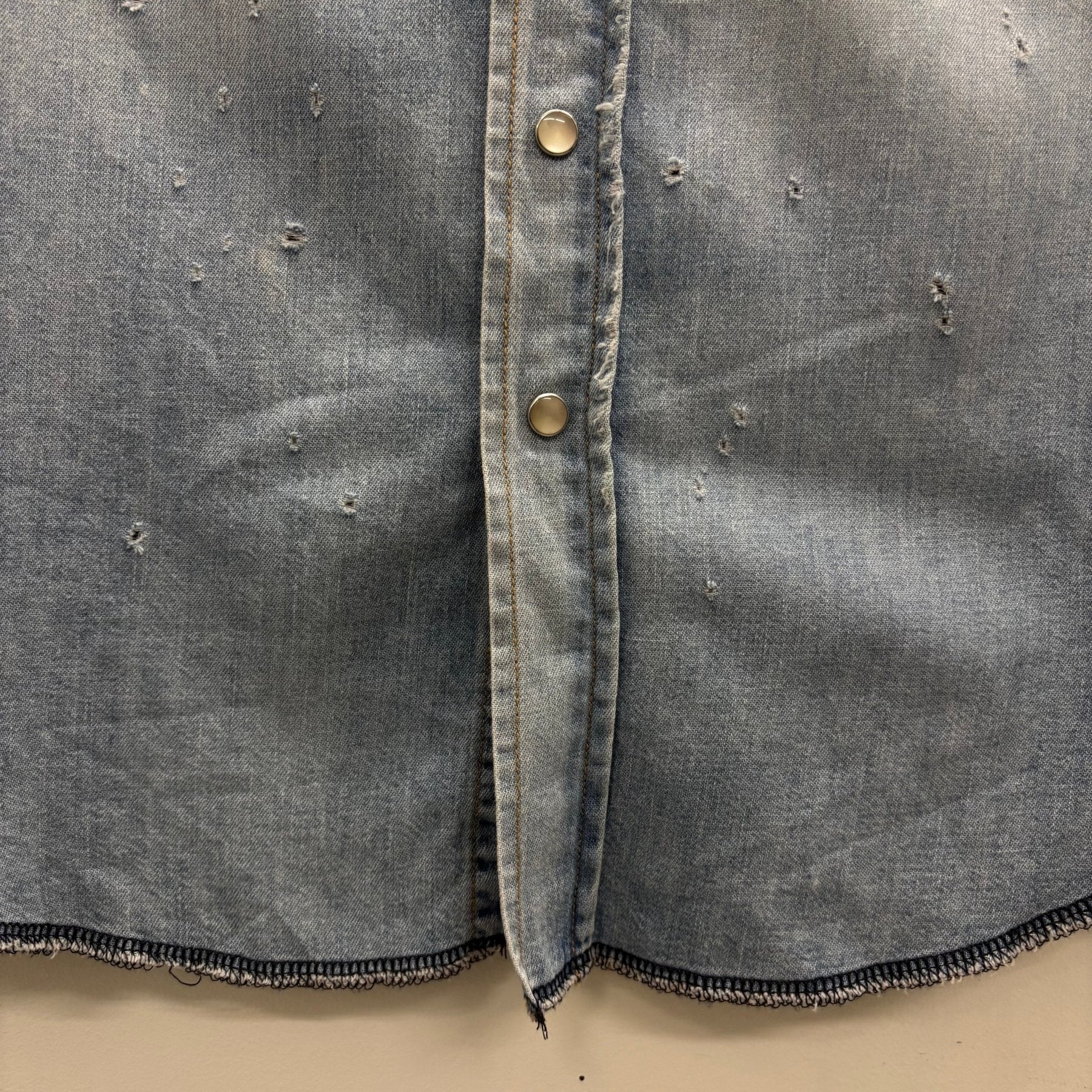 SS19 Yves Saint Laurent Paris Heavy Distressed Denim Shirt - Image 6