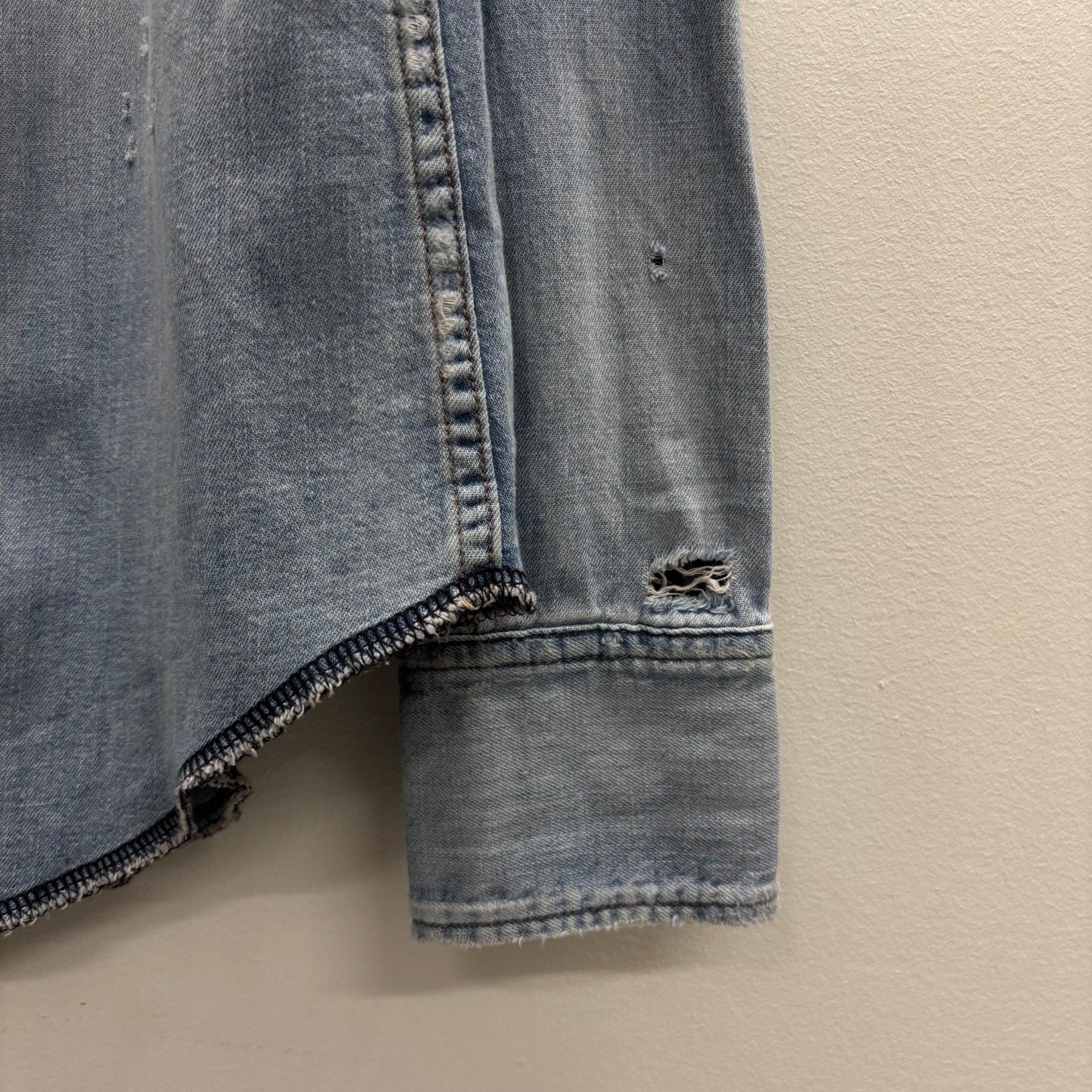SS19 Yves Saint Laurent Paris Heavy Distressed Denim Shirt - Image 7