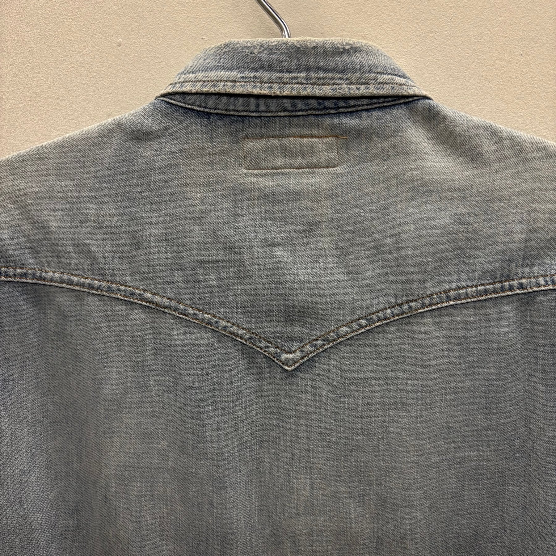 SS19 Yves Saint Laurent Paris Heavy Distressed Denim Shirt - Image 8