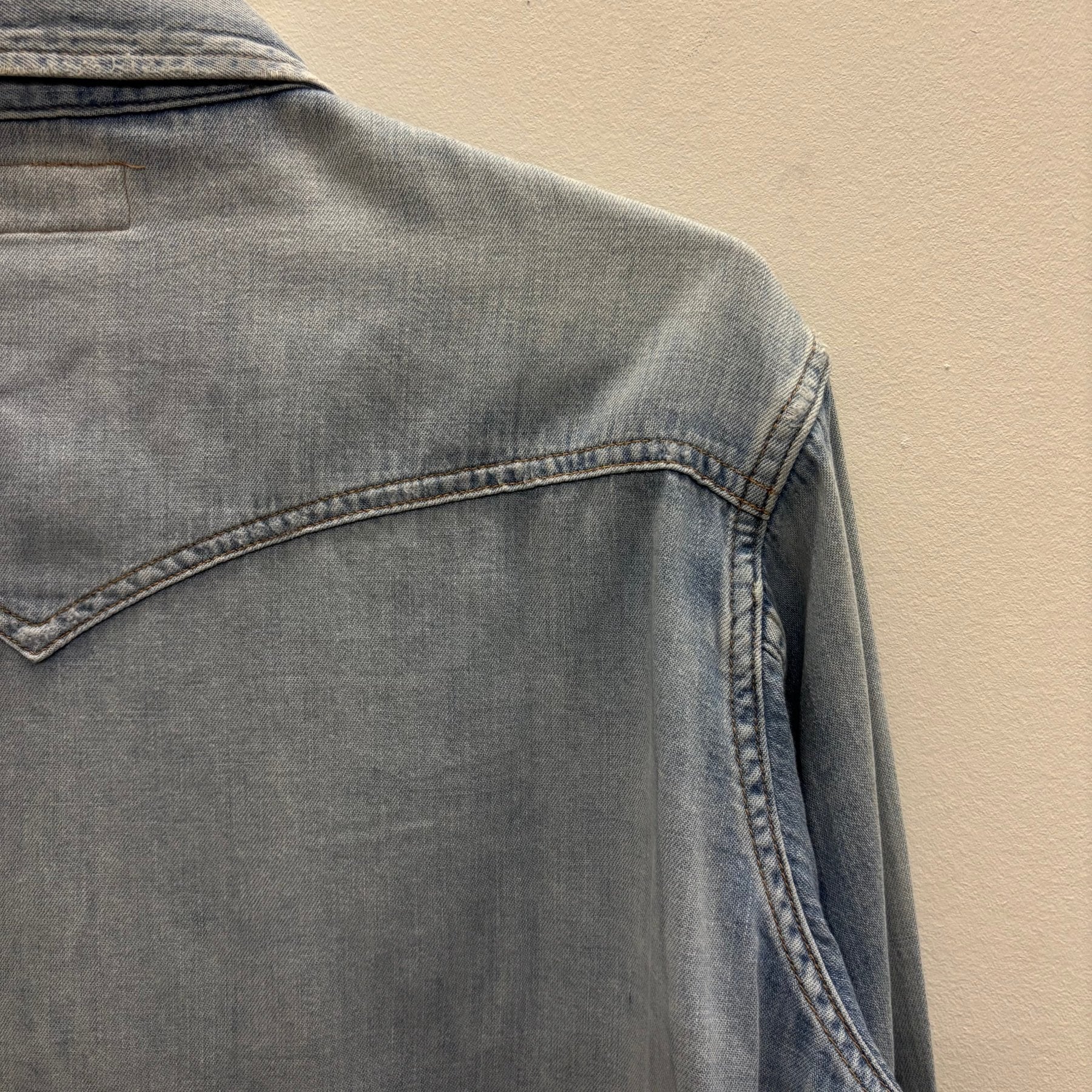 SS19 Yves Saint Laurent Paris Heavy Distressed Denim Shirt - Image 9