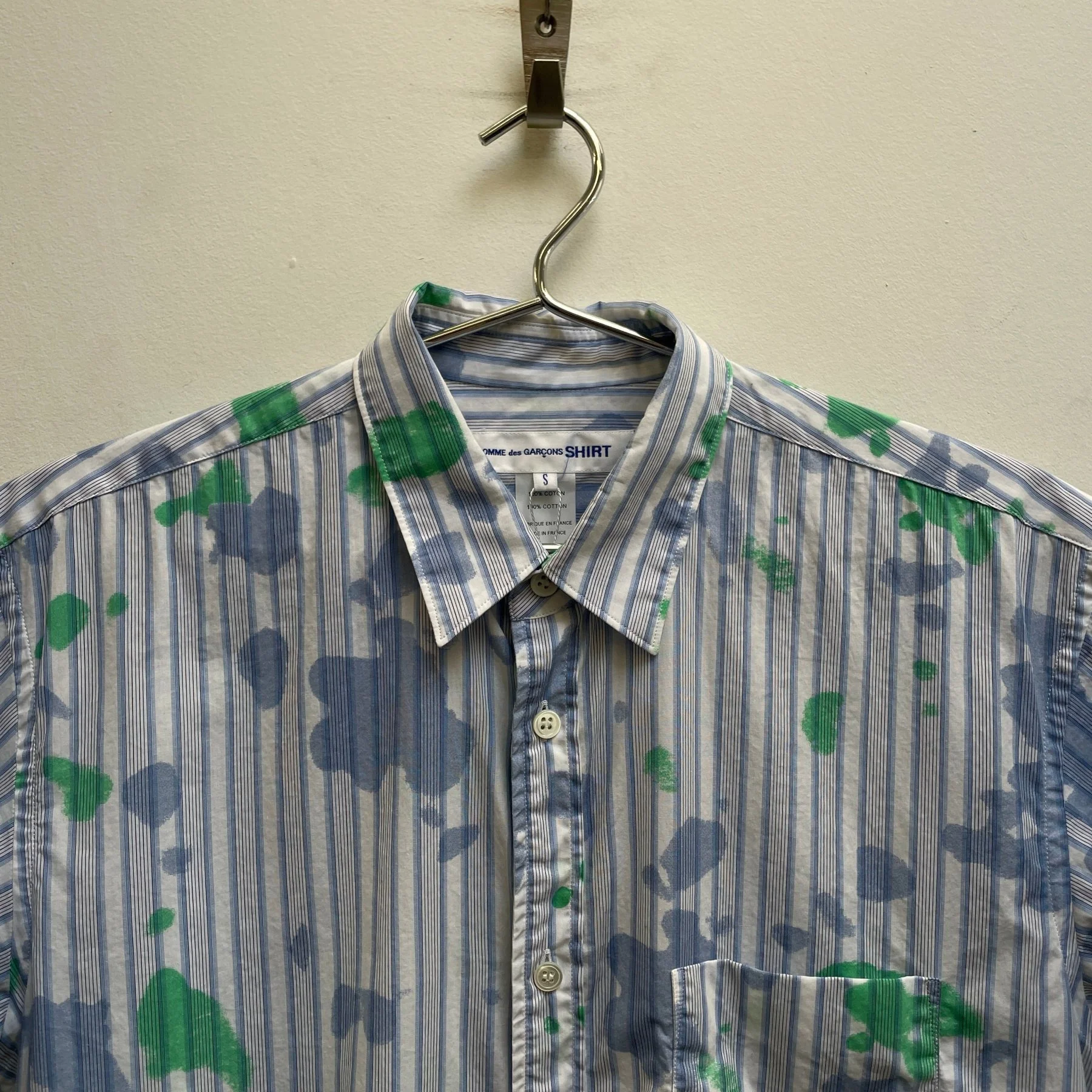 SS24 Comme Des Garçons SHIRT Striped Splattered Short Sleeve Button Up Blouse - Image 3