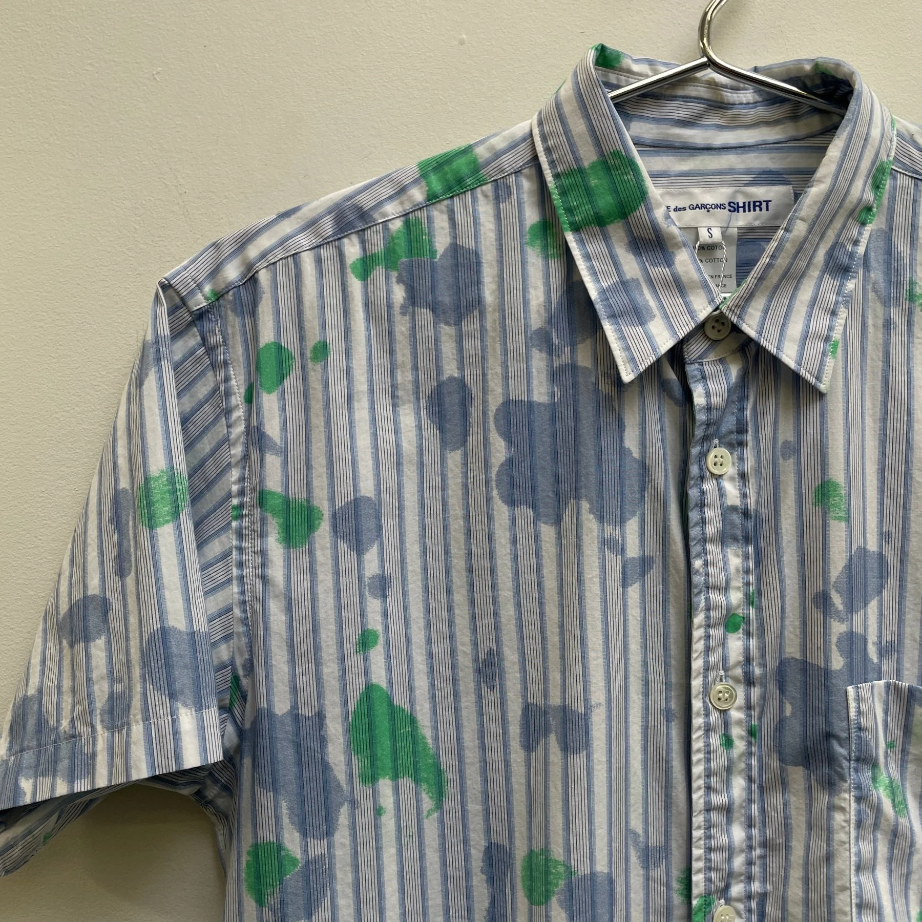 SS24 Comme Des Garçons SHIRT Striped Splattered Short Sleeve Button Up Blouse - Image 4