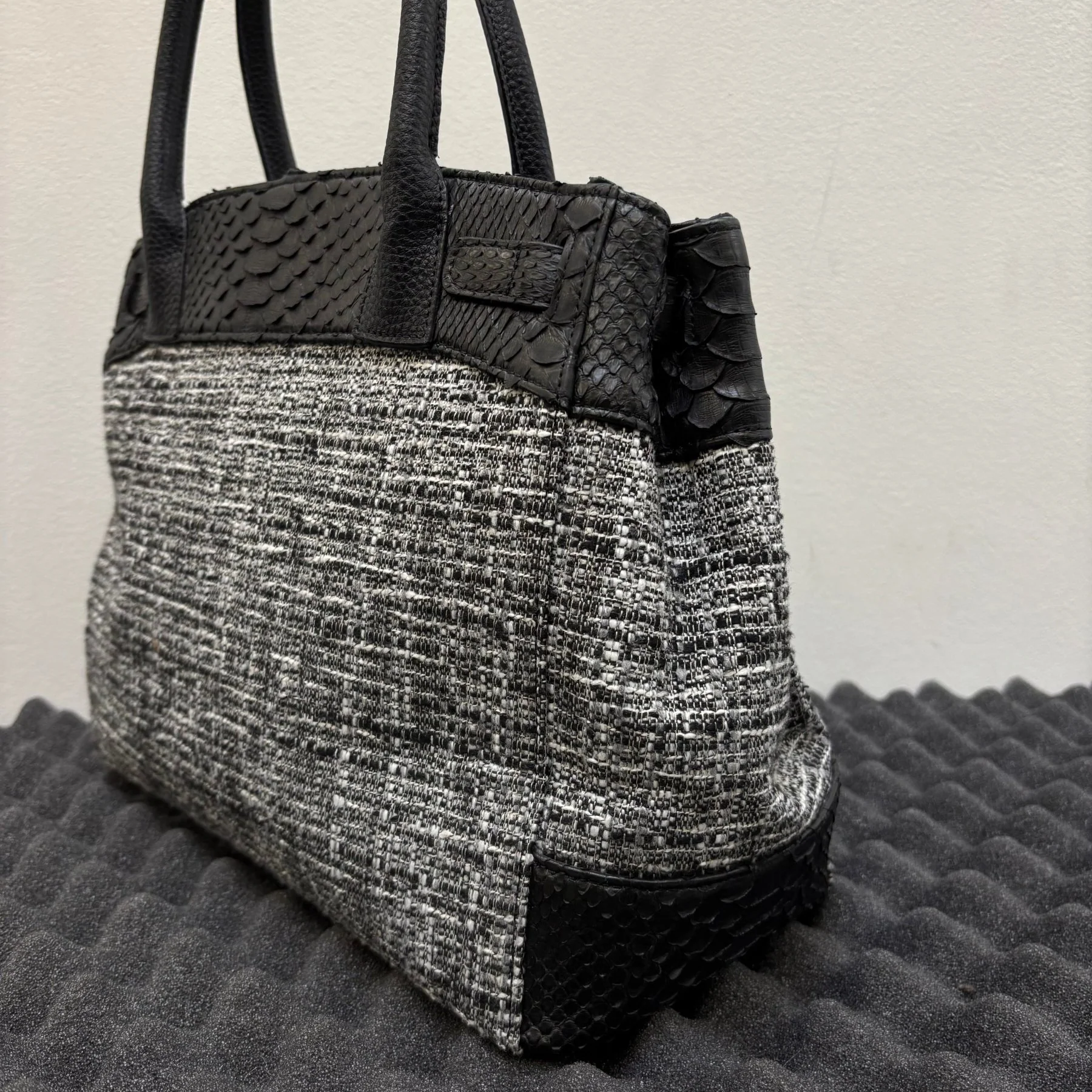 Tweed and Python Leather Firkin Handbag - Image 13