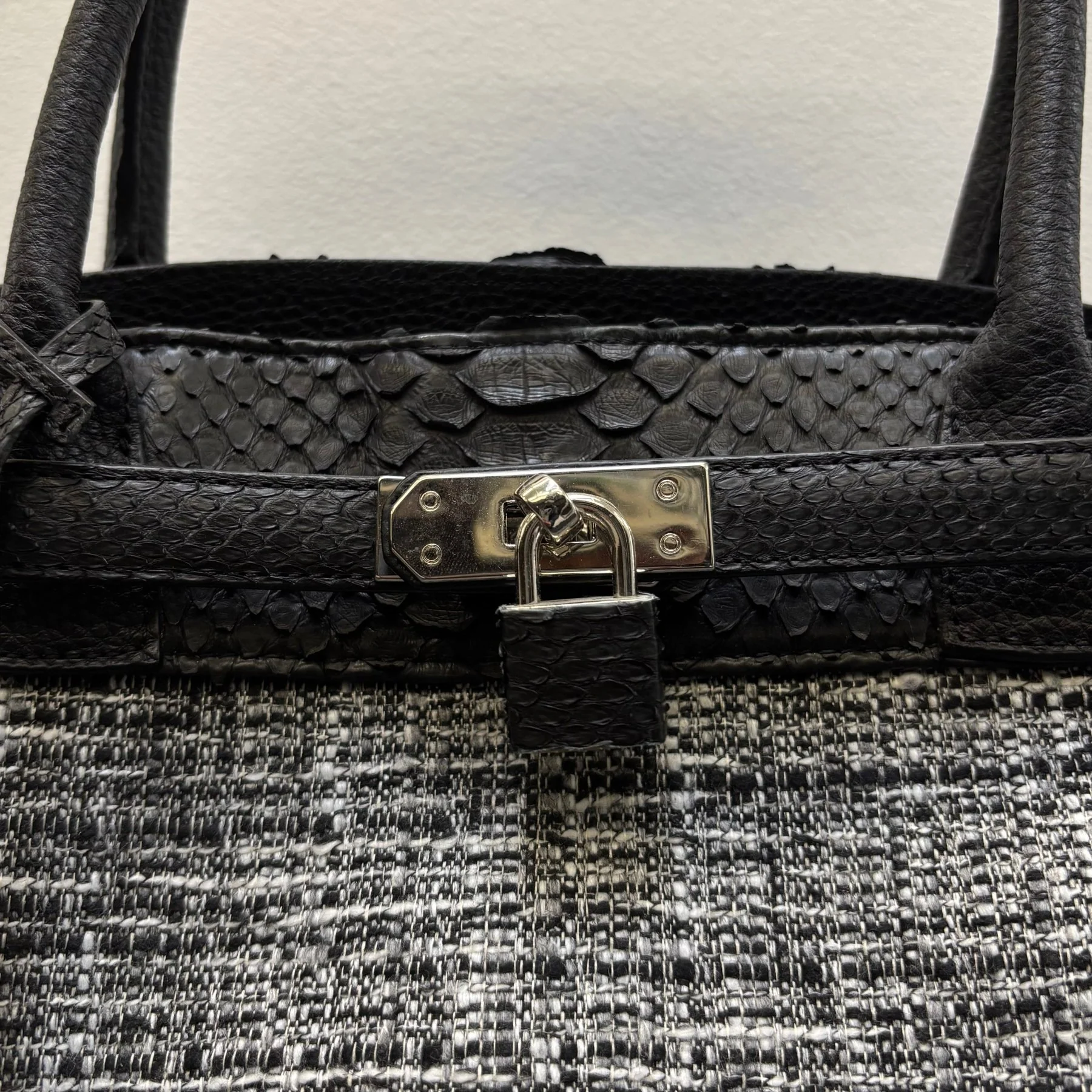 Tweed and Python Leather Firkin Handbag - Image 4