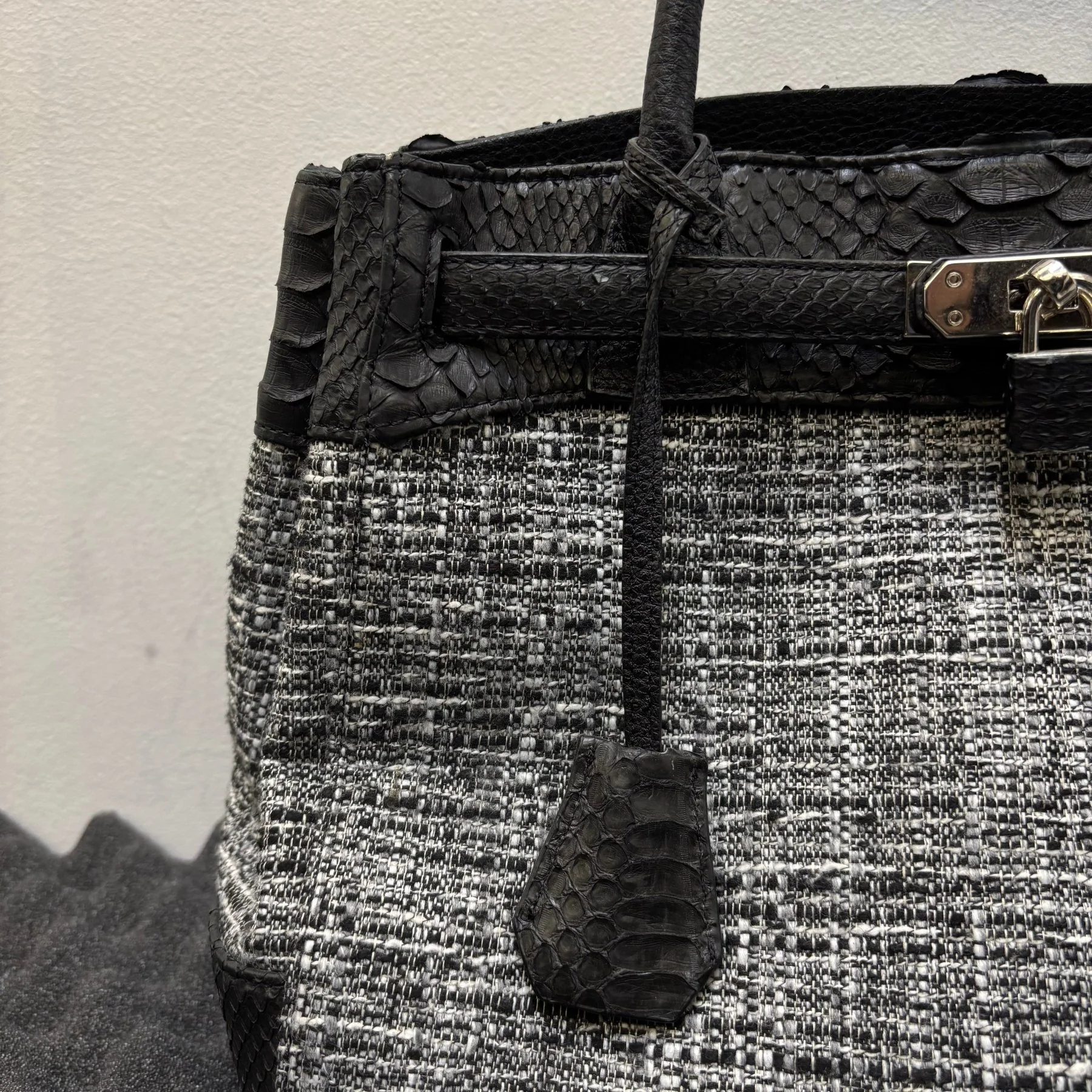 Tweed and Python Leather Firkin Handbag - Image 5