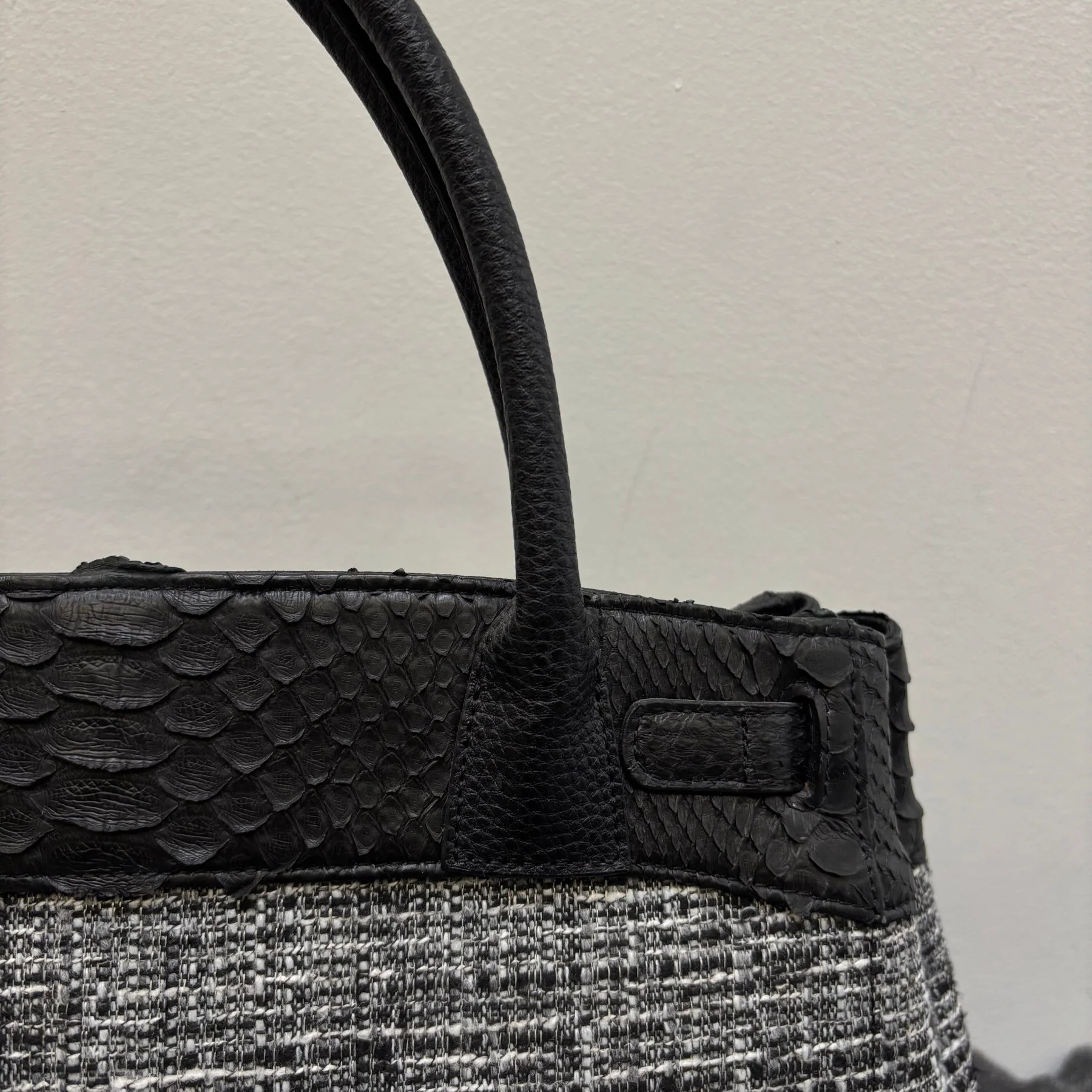 Tweed and Python Leather Firkin Handbag - Image 9